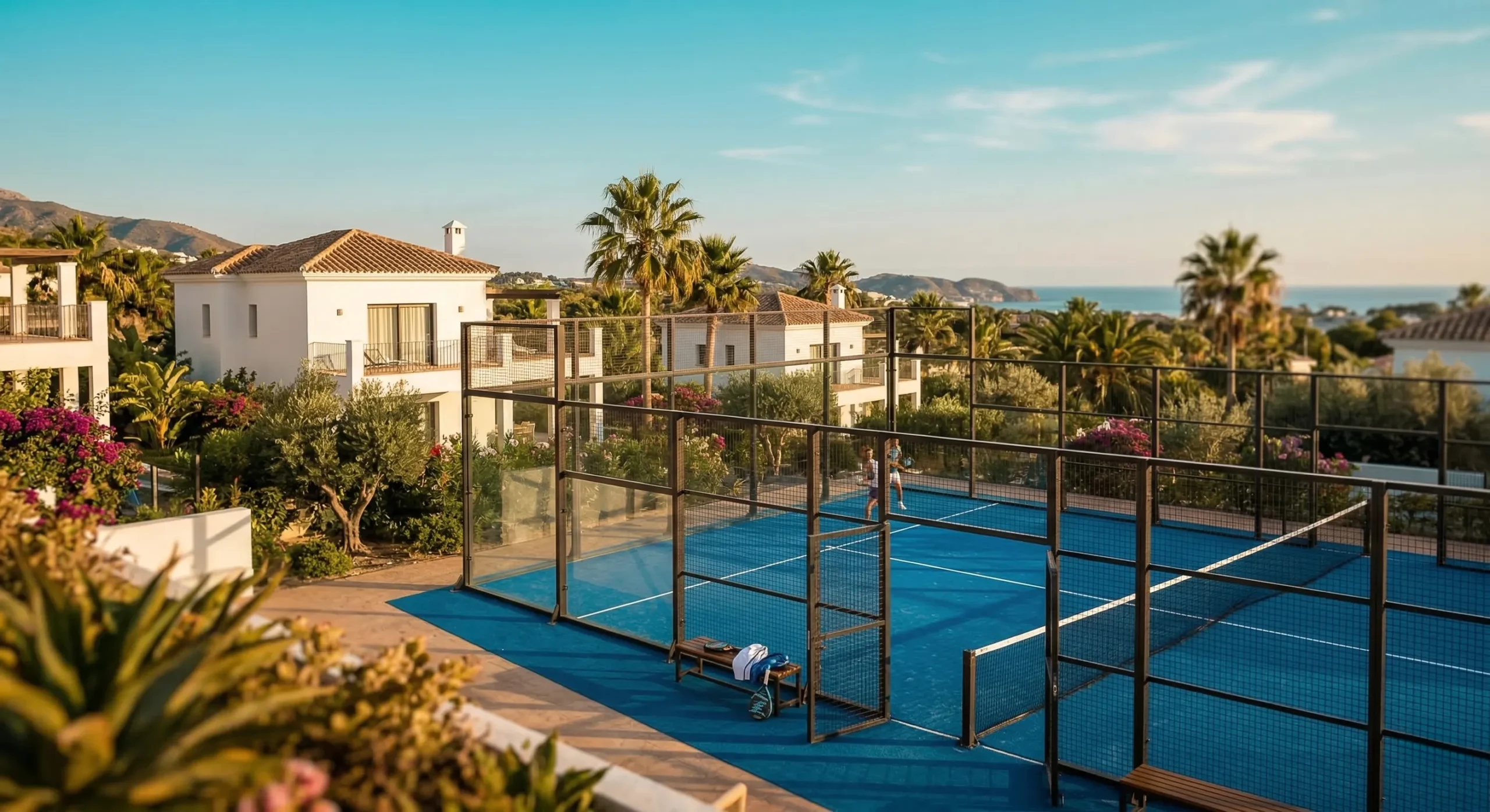 Professionele blauwe padelbaan bij een luxe mediterraan resort met palmbomen en witte villa's onder een zonnige blauwe lucht.